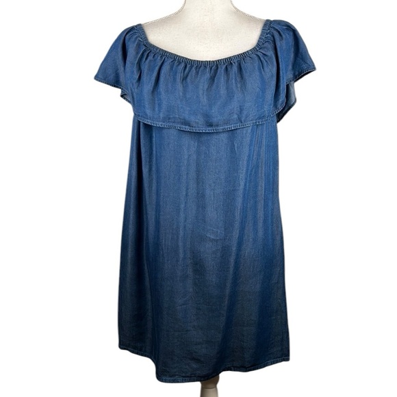 Halston Dark Chambray Boho Spring Vacation Ruffle Summer Casual Dress Size Large - Picture 1 of 6